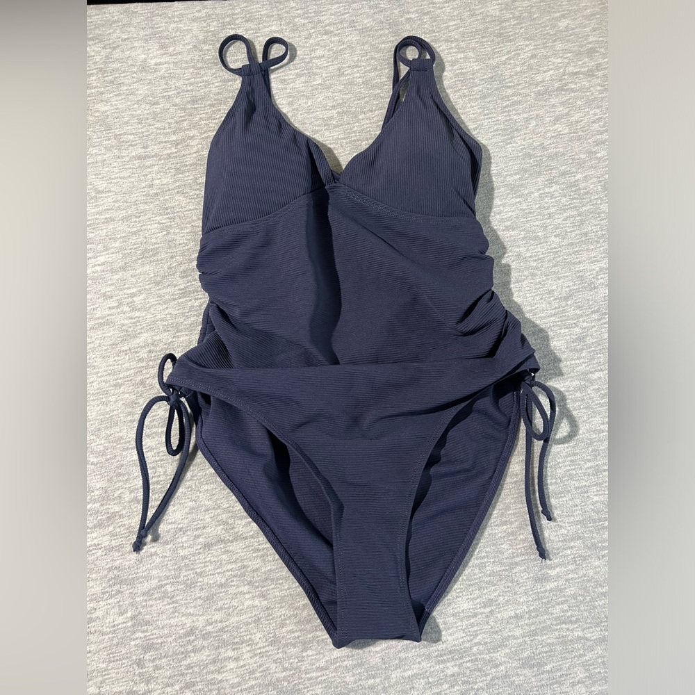Aimage 1 piece swimsuit swimwear women’s L navy blue ribbed open back ruched new